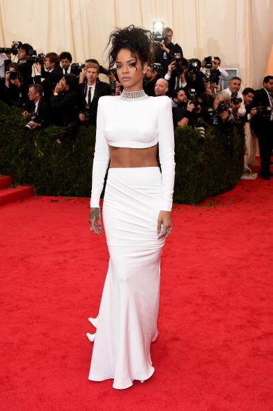 Rihanna is white haute in this two-piece ensemble by Stella McCartney and Jacob & Co. necklace